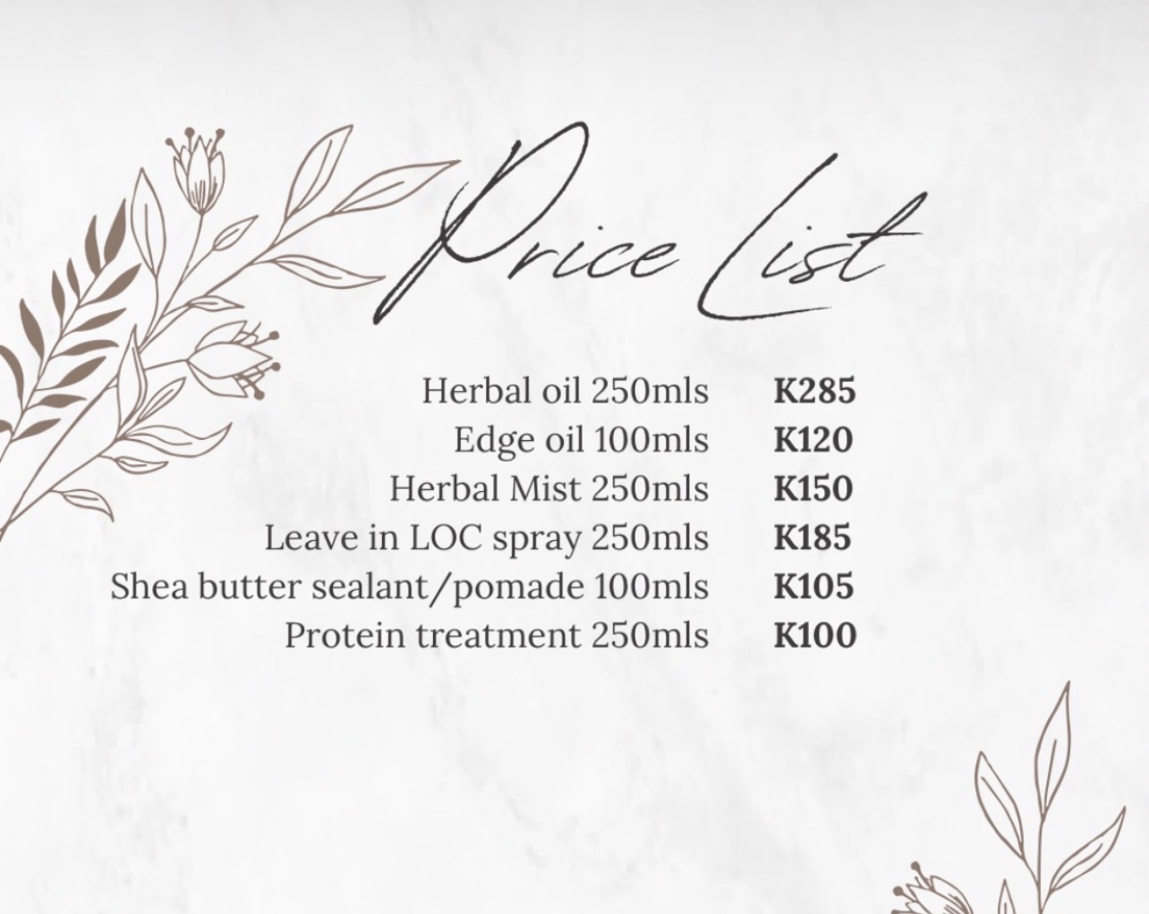 Original Gentle Strandz price list showing all six products and prices