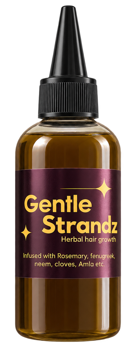 Gentle Strandz Herbal Oil bottle with black applicator nozzle
